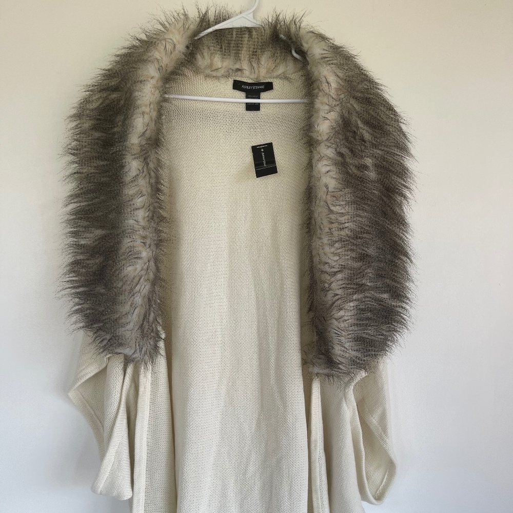 ASHLEY STEWART FAUX FUR COLLARED OPEN FRONT CARDIGAN PONCHO CAPE NWT SIZE 18/20